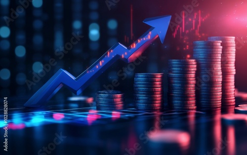 Growing finances shown by rising coins and an upward graph in a digital space
