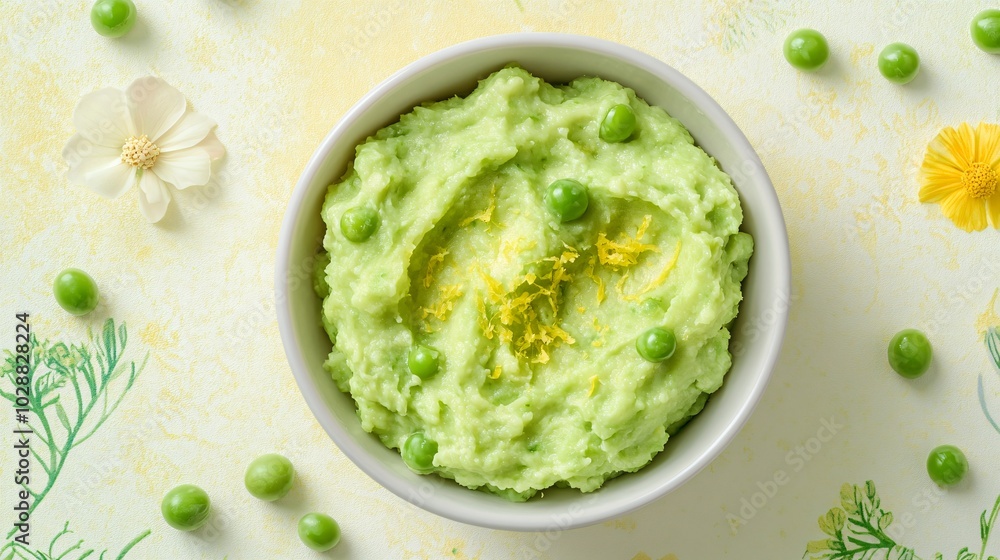 A bowl of creamy mashed green peas with lemon zest, placed on a light pastel yellow background with intricate floral designs A bowl of creamy mashed green peas with lemon zest, placed on a light pastel yellow background with intricate floral designs