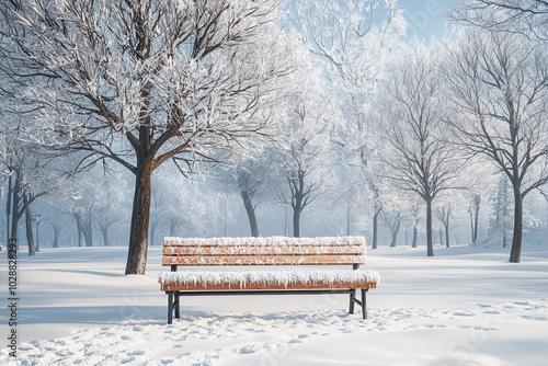 Snow-covered park bench in a serene winter landscape