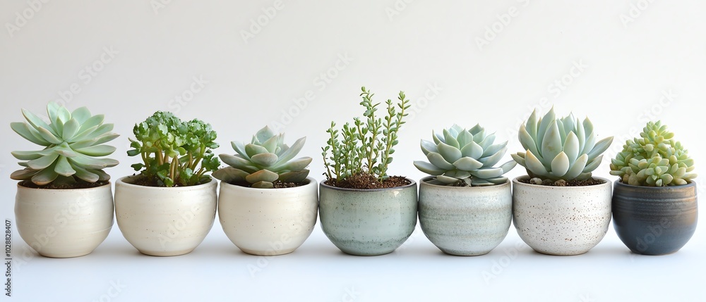 Fototapeta premium Elegant ceramic planters displaying a variety of succulents and leafy plants, styled in a modern botanical collection against a pure white background