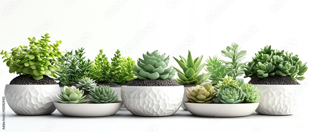 Elegant ceramic planters displaying a variety of succulents and leafy plants, styled in a modern botanical collection against a pure white background Elegant ceramic planters displaying a variety of succulents and leafy plants, styled in a modern botanical collection against a pure white background