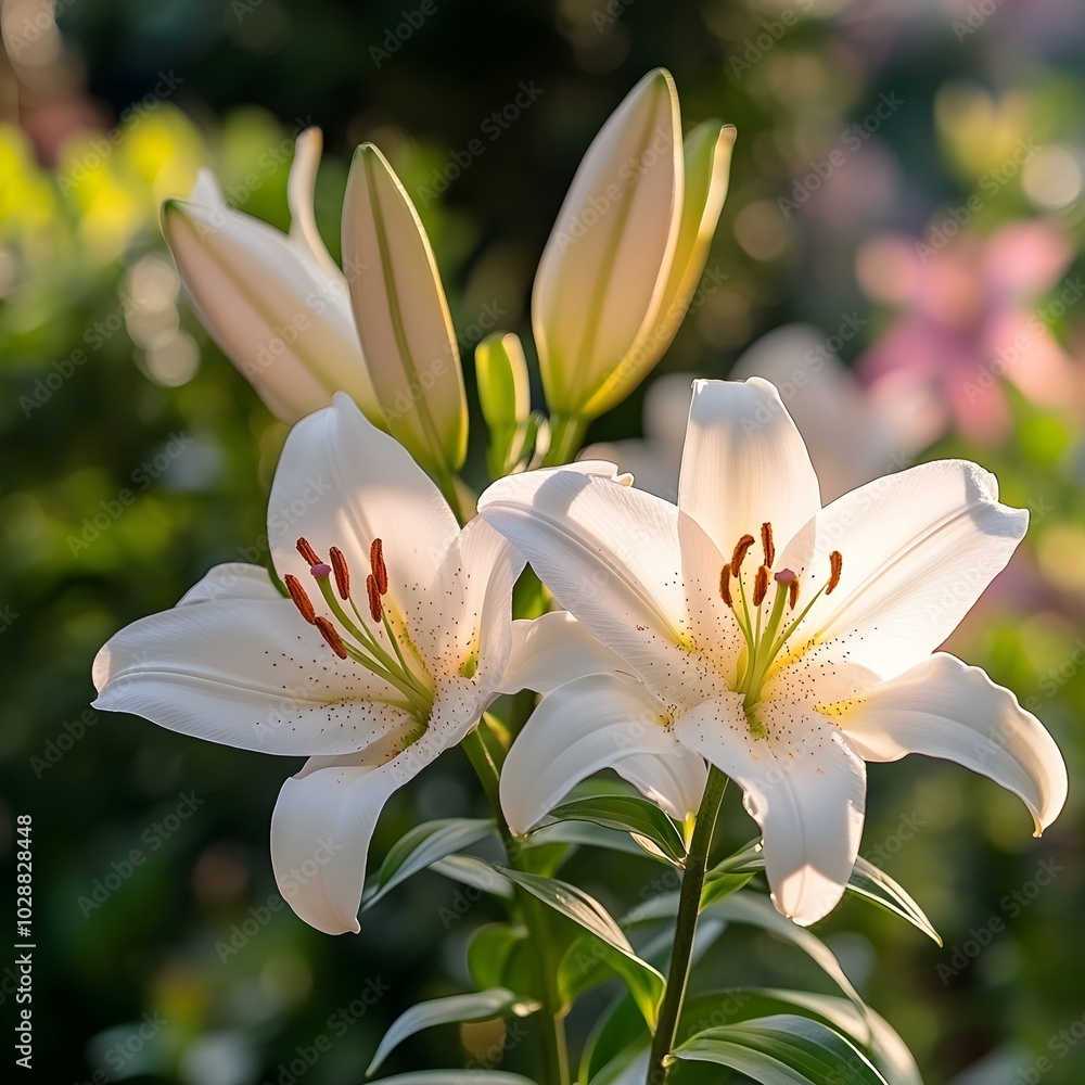 Fototapeta premium Lilies in the morning light: elegance and grace A peaceful depiction of colorful lilies blooming in the soft morning light, creating a serene atmosphere.