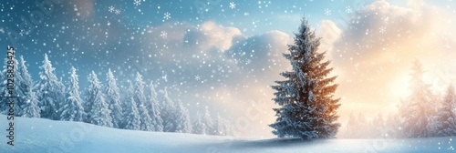 Winter landscape featuring a snow covered forest and a lone tree at sunset