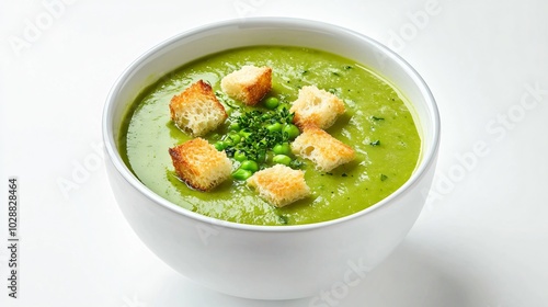 A bowl of green pea and leek soup, garnished with croutons, floating on a clean white background with subtle geometric accents