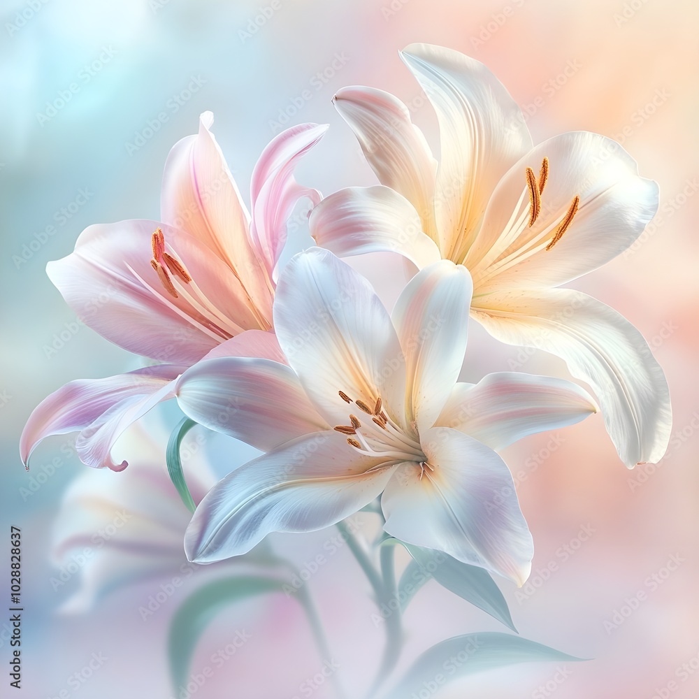 Fototapeta premium Lilies in the morning light: elegance and grace A peaceful depiction of colorful lilies blooming in the soft morning light, creating a serene atmosphere.