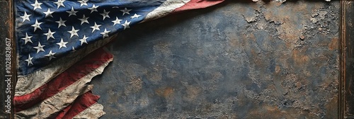 Worn American flag draped over a textured surface, symbolizing patriotism and...