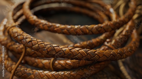 Coiled leather lasso on a rich in detail and texture