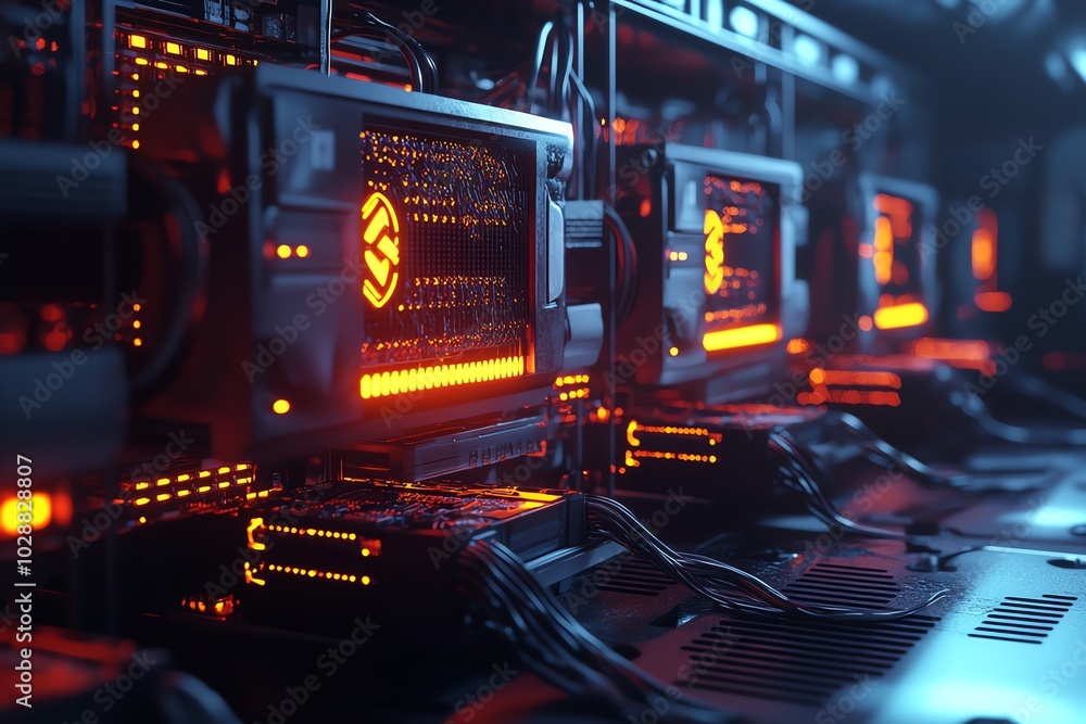 Close-up of a high-performance computer setup with glowing graphics cards and intricate wiring in a modern tech environment. Close-up of a high-performance computer setup with glowing graphics cards and intricate wiring in a modern tech environment.
