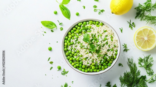 A bowl of green peas and couscous with lemon and herbs, floating on a clean white background with subtle geometric decorative elements photo