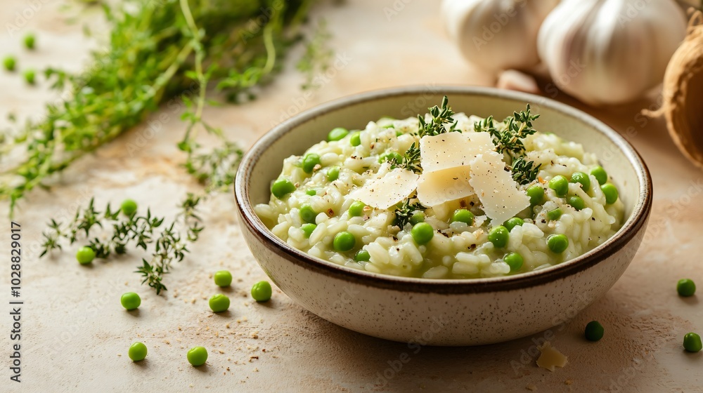 A delicious green pea risotto with Parmesan cheese, isolated on a muted beige background with elegant botanical flourishes A delicious green pea risotto with Parmesan cheese, isolated on a muted beige background with elegant botanical flourishes