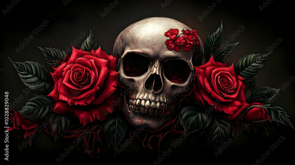 A skull surrounded by red roses and dark leaves, symbolizing life and death. A skull surrounded by red roses and dark leaves, symbolizing life and death.