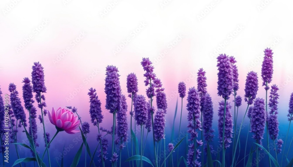 Fototapeta premium purple flowers in a field with a pink sky in the background, purple flowers, lavender flowers, flowers in background, background natural flower, blue and purple plants
