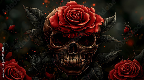 A skull adorned with red roses, symbolizing beauty and mortality.