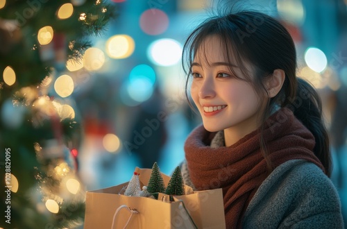 Young woman enjoying holiday shopping while admiring a beautifully decorated ...