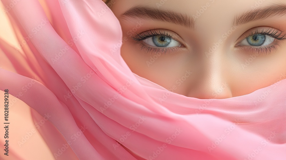 Close-up Portrait of a Woman's Eyes with Pink Fabric Close-up Portrait of a Woman's Eyes with Pink Fabric