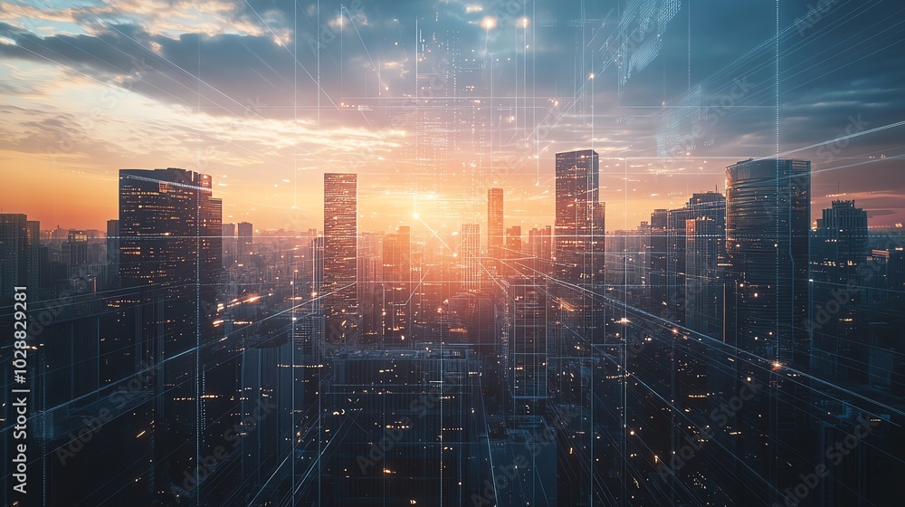 A stunning skyline at sunset with digital overlays, showcasing the blend of nature and technology in urban landscapes. A stunning skyline at sunset with digital overlays, showcasing the blend of nature and technology in urban landscapes.