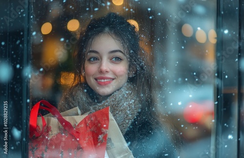 Happy woman enjoying winter shopping in a festive city with snowflakes fallin...