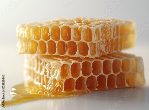 Freshly harvested honeycomb drizzled with golden honey on a clean white surface