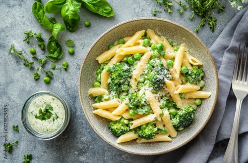 Delicious pasta dish with broccoli and peas served in a bowl with herbs and c...