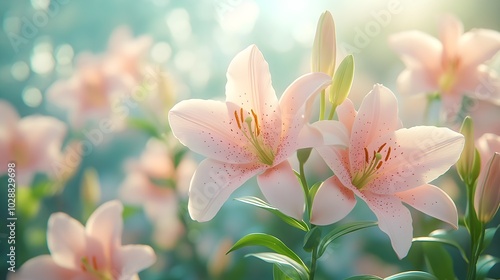 Lilies in the morning light: elegance and grace A peaceful depiction of colorful lilies blooming in the soft morning light, creating a serene atmosphere.