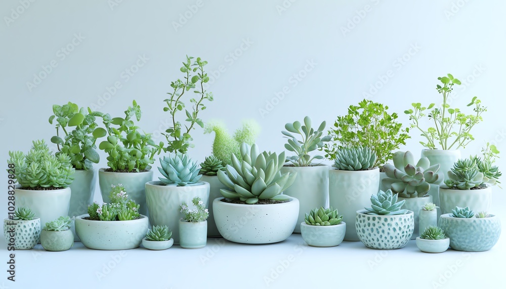 Refined botanical styling collection of ceramic planters with various succulents and leafy plants, arranged beautifully on a pure white background for minimalism Refined botanical styling collection of ceramic planters with various succulents and leafy plants, arranged beautifully on a pure white background for minimalism