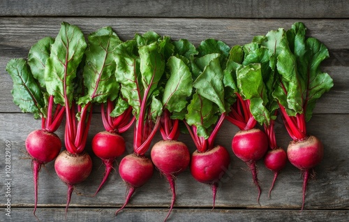 Fresh radishes with green leaves on a wooden board against a textured gray ba...