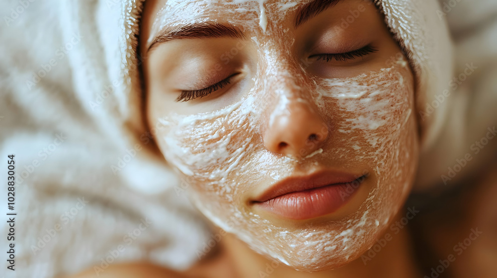 Woman relaxing with a facial mask for skincare treatment. Woman relaxing with a facial mask for skincare treatment.