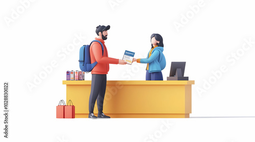 3D Icon of Shopper Happily Receiving Discount Coupon from Retail Salesperson at Store - Authentic Customer Engagement and Discounts Concept on White Background