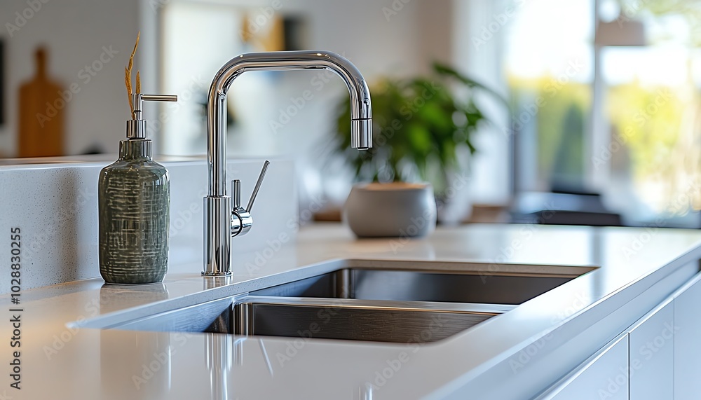 Stylish minimalist kitchen with a focus on a stainless steel sink and designer faucet, surrounded by a backdrop of clean lines and muted tones Stylish minimalist kitchen with a focus on a stainless steel sink and designer faucet, surrounded by a backdrop of clean lines and muted tones