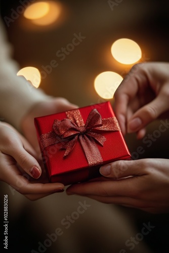 A person holding a beautifully wrapped red gift box with a bow indoors during...