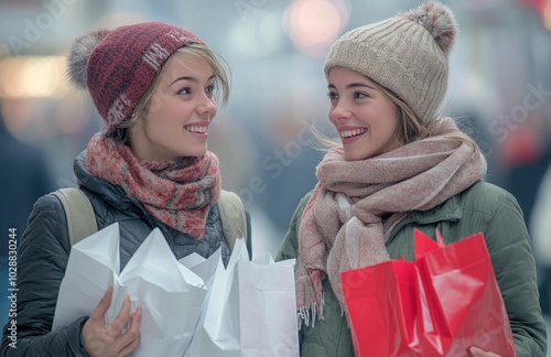 Two friends enjoy shopping together during the holiday season in a festive ci...