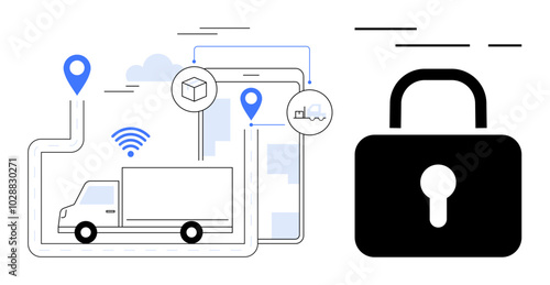 Simplistic vector art showcasing a delivery trucks real-time GPS tracking, connectivity, and shipment details. Ideal for logistics, technology, transportation, supply chain, and security