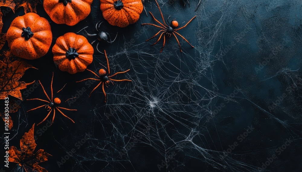 Happy Halloween flat lay with pumpkins, spiders, and webs on a dark background Happy Halloween flat lay with pumpkins, spiders, and webs on a dark background
