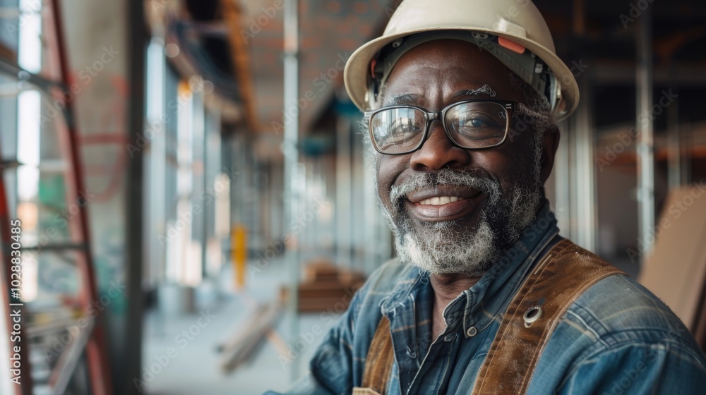 A man wearing a hard hat and safety glasses is smiling A man wearing a hard hat and safety glasses is smiling