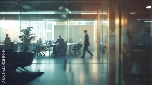 A soft-focus office scene with a glass wall, showing the movement of employees working behind it, creating an impression of a bustling, collaborative workspace.