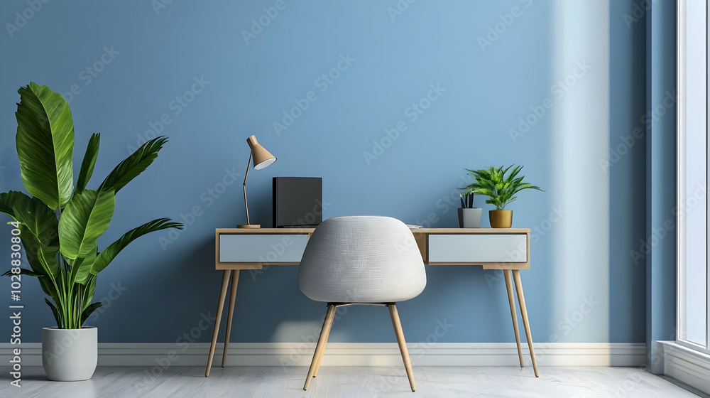 A blue home office studio space with a desk and chair in soft tones, rendered in 3D A blue home office studio space with a desk and chair in soft tones, rendered in 3D