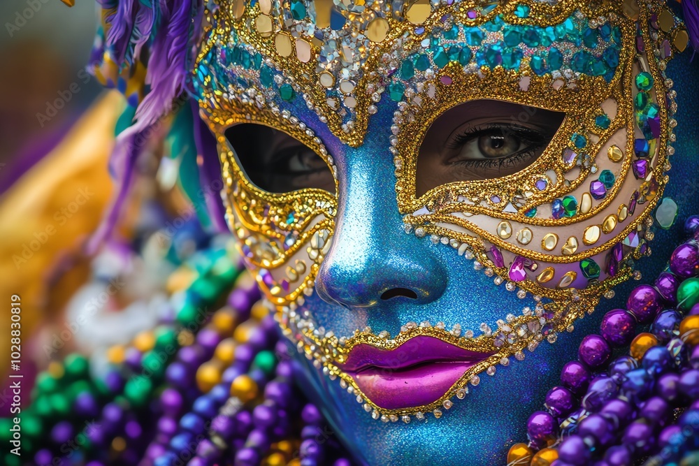 Close-up of a vibrant carnival mask adorned with jewels and colorful paint, showcasing rich cultural heritage and festive spirit. Close-up of a vibrant carnival mask adorned with jewels and colorful paint, showcasing rich cultural heritage and festive spirit.