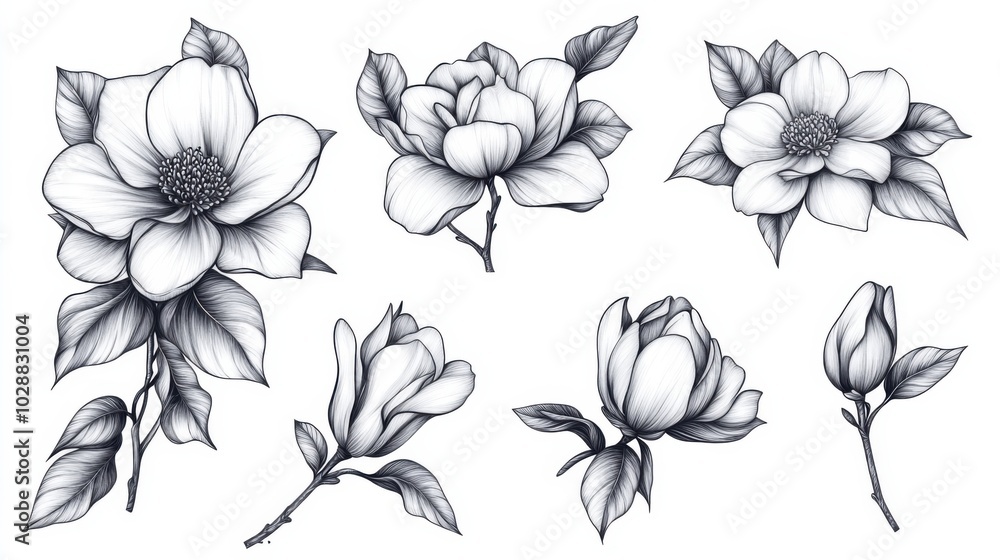 A set of magnolia flowers and leaves in a tattoo style, elegantly arranged in black and white with intricate scratchboard-style engraving. A set of magnolia flowers and leaves in a tattoo style, elegantly arranged in black and white with intricate scratchboard-style engraving.