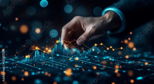 A business professional analyzes financial data through digital graphs and ch...