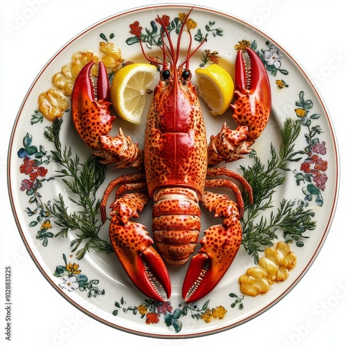 Freshly cooked lobster served on an elegant plate with lemon and herbs at a s...