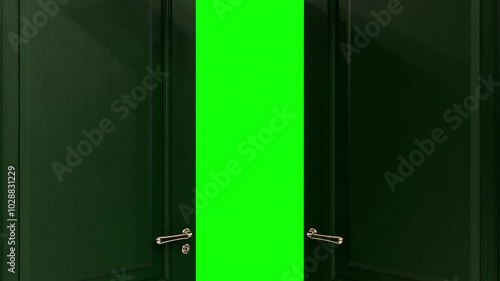 dark green door opening animation, green screen chroma key	