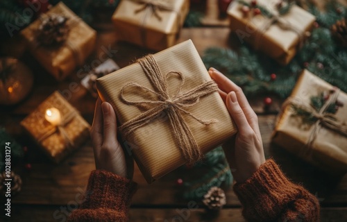 Hands holding a wrapped gift surrounded by holiday decorations and presents i...