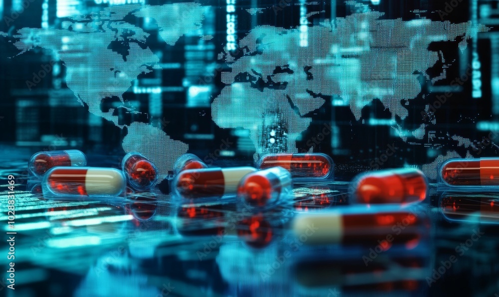 Pills and world map in a digital space. Pills and world map in a digital space.