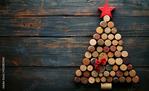 Creative cork Christmas tree made from wine corks with a red star decoration