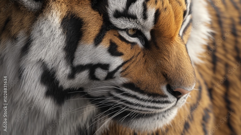 Fototapeta premium Close-up of a Tiger's Face with Detailed Fur and Stripes