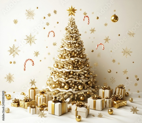 Golden Christmas tree adorned with decorations and presents on a festive back...