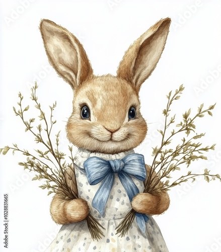 Cute rabbit in a white dress holding green branches in a serene garden setting