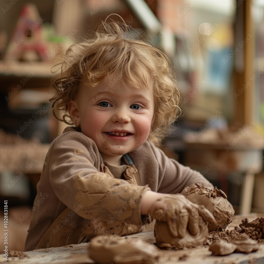 A young girl is playing with clay and making a mess A young girl is playing with clay and making a mess