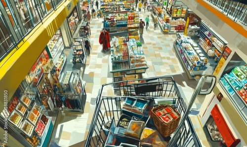 A shopping cart in a grocery store aisle.