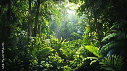 Lush Tropical Rainforest With Sunlight Streaming Through Canopies